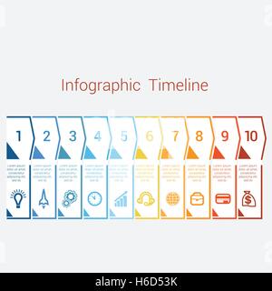 Timeline Infographic farbige Pfeile aus Linien. Bereich Business Infografik Diagrammvorlage mit Textbereichen für zehn Position, Eps Stock Vektor