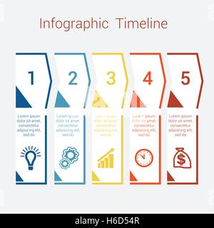 Timeline Infographic farbige Pfeile aus Linien. Bereich Business Infografik Diagrammvorlage mit Textbereichen für fünf Position, Eps Stock Vektor