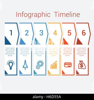 Timeline Infographic farbige Pfeile aus Linien. Bereich Business Infografik Diagrammvorlage mit Textbereichen für sechs Position, Eps Stock Vektor