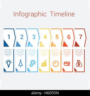 Timeline Infographic farbige Pfeile aus Linien. Bereich Business Infografik Diagrammvorlage mit Textbereichen für sieben Position, Eps Stock Vektor