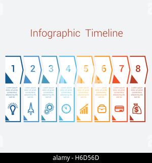 Timeline Infographic farbige Pfeile aus Linien. Bereich Business Infografik Diagrammvorlage mit Textbereichen für acht Position, Eps Stock Vektor