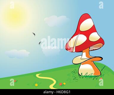 Sommerlandschaft. Pilz auf der grünen Wiese Stock Vektor