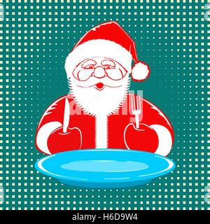 Vektor-Illustration Weihnachtsmann Comic-Stildesign mit blauen Teller, Gabel und Messer auf gestrichelten Hintergrund. Retro-Stil Pop-Art Stock Vektor