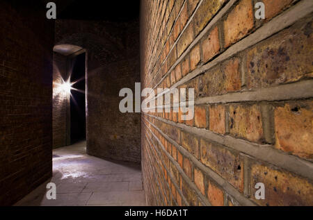 Eine nächtliche Aussicht auf eine unheimliche urbane Gasse. Stockfoto