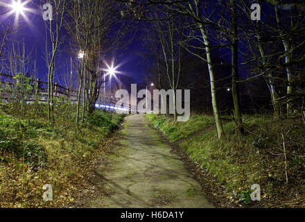 Eine nächtliche Aussicht auf eine unheimliche urban Fußweg. Stockfoto