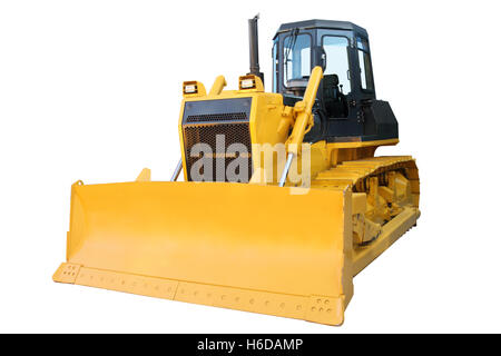Der moderne gelbe Bulldozer isoliert auf weißem Hintergrund Stockfoto