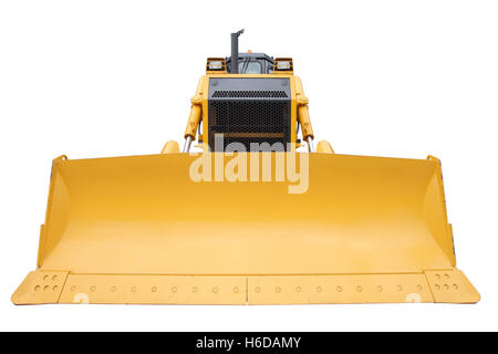 Der moderne gelbe Bulldozer isoliert auf weißem Hintergrund Stockfoto