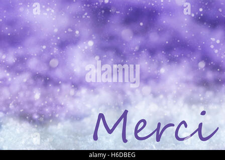 Lila Weihnachten Hintergrund, Schnee, Schneeflocken, Danke Merci Mittel Stockfoto