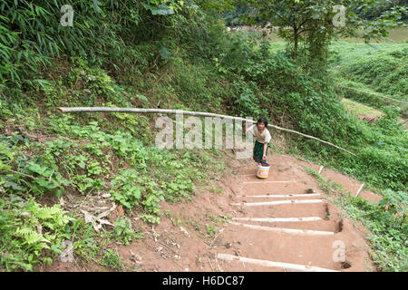 Frau mit Bambus und Eimer Treppen hinauf, Khmu/Khamu Hügel Stamm, Ban SOP Jam (aka SOP Jam), ein Lao Dorf, Nam Ou Fluss, Oudomxay Provinz, Laos Stockfoto