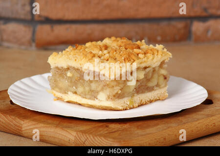 Apfelkuchen auf Einweg Pappteller. Doppelte Kruste Apfelkuchen mit Zimt mit Mürbeteig gemacht. Stockfoto