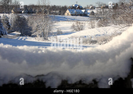 Die Ruhe nach einem Wintersturm. Neuschnee bedeckt das Land in Virginia, USA. Stockfoto