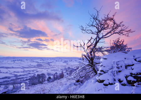 Bunte Tagesanbruch vor Sonnenaufgang Danby Dale in North York Moors National Park im Winter mit Schnee auf dem Boden Stockfoto