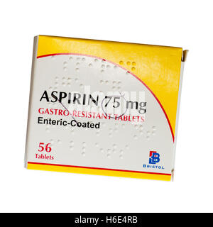 Packung von 75mg-Gastro beständig Aspirin-Tabletten von Bristol gemacht Stockfoto