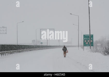 A2 Autobahn, Rumänien 17. Januar 2016: ein Mann geht auf der Autobahn A2, die kommerzielle Hauptroute verbindet Bukarest, t Stockfoto