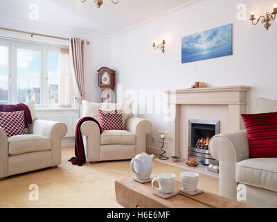 Eine zeitgenössische Wohnzimmer mit Kamin in einem modernen Haus UK Stockfoto