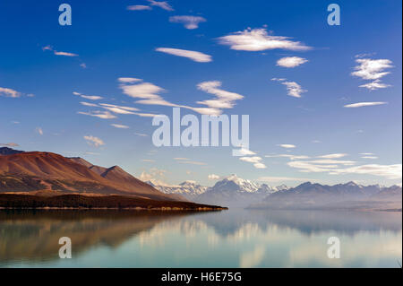 Lake Pukaki Tasman River gespeist wird von Tasman und Hooker Gletscher, in der Nähe von Aoraki / Mount Cook, Neuseeland Stockfoto