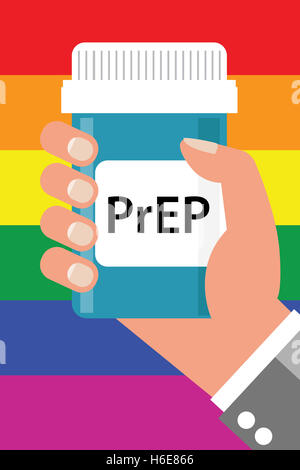 Pille Flasche über Gay Flag Label "PrEP" (Vorbelichtung Prophylaxe). PreP Behandlung wird verwendet, um zu verhindern, dass die HIV-Infektion Stockfoto