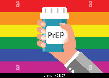 Pille Flasche über Gay Flag Label "PrEP" (Vorbelichtung Prophylaxe). PreP Behandlung wird verwendet, um zu verhindern, dass die HIV-Infektion Stockfoto