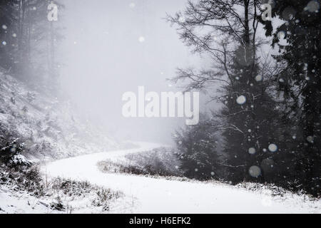 Schnee fällt auf eine kleine Bergstraße durch den Wald. Stockfoto