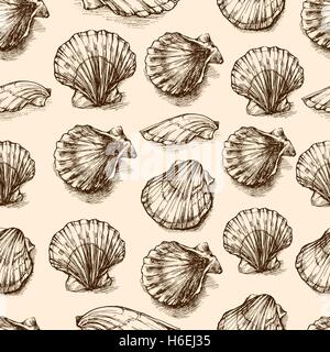 Muscheln die hand gezeichnete Vektorgrafik Ätzen Skizze isoliert auf weißem Hintergrund, nahtlose Muster Unterwasser künstlerische Marine oder Stock Vektor