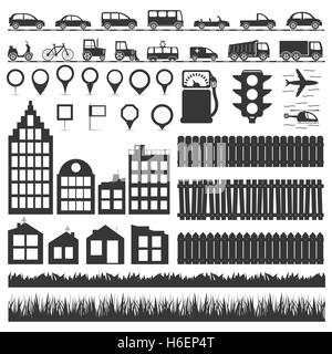 City-Kollektion Elements - Transport, Map-Markierungen, Häuser und Gebäude, Zäune und Rasen Stockfoto