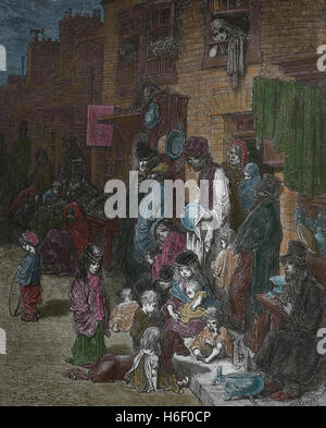 Vereinigtes Königreich. London. Whitechapel. Nachbarschaft der Arbeiterklasse. Gravur von Gustave Dore, London; Eine Pilgerreise. 19. Jh. Stockfoto