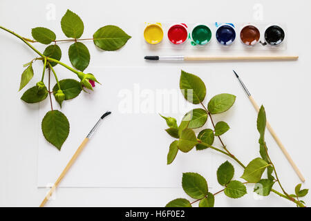 Weißer Tisch Schreibtisch, Draufsicht, flach lag. Aquarell, Pinsel, Papier, Rosenblüten. Stockfoto