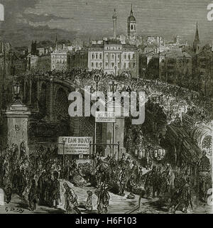 Vereinigtes Königreich. London Bridge. 1872. Kupferstich von Gustave Dore, London; Wallfahrt, 1872. Stockfoto