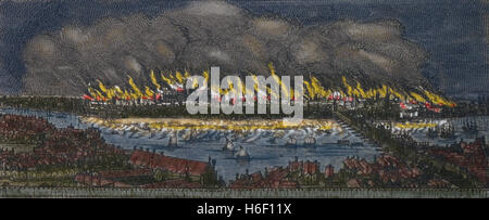 Großen Brand von London 1666. Kupferstich von Marcus Willemsz, 1675. Farbe. Stockfoto