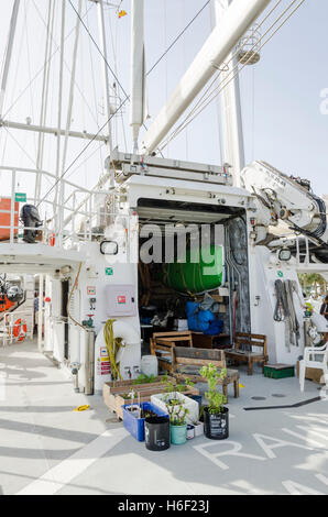 Deck von Greenpeace Rainbow Warrior III Schiff mit Pflanzen in Töpfen, Malaga, Andalusien, Spanien. Stockfoto