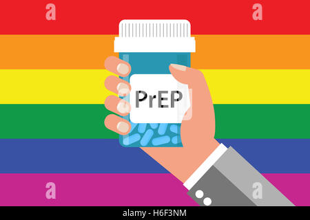 Pille Flasche über Gay Flag Label "PrEP" (Vorbelichtung Prophylaxe). PreP Behandlung wird verwendet, um zu verhindern, dass die HIV-Infektion Stockfoto