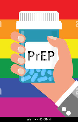 Pille Flasche über Gay Flag Label "PrEP" (Vorbelichtung Prophylaxe). PreP Behandlung wird verwendet, um zu verhindern, dass die HIV-Infektion Stockfoto