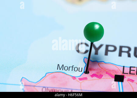 Morfou fixiert auf einer Karte von Zypern Stockfoto