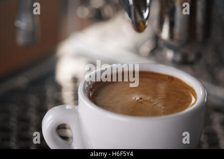 Nahaufnahme Foto zubereiteten Espresso Kaffee aus der Kaffeemaschine Stockfoto
