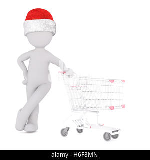 3D menschliche Figur in rote Weihnachtsmann Mütze gelehnt eine leere Metall Warenkorb über weiße Konzept über Weihnachten shopp Stockfoto