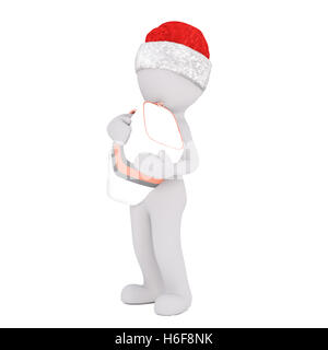 3D Figur in Weihnachtsmütze hält weißes Paket stehend über isolierte weißen Hintergrund Stockfoto