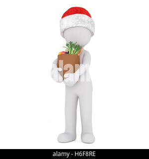 3D menschliche Figur in niedlichen kleinen Weihnachten Santa stehend mit großen Einkaufstüten mit beiden Händen auf weißem Hintergrund Stockfoto