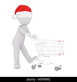 3D menschliche Figur in red Santa Claus Hat zu Fuß und weiß für Konzept über Weihnachten s eine leere Metall Warenkorb umstoßen Stockfoto