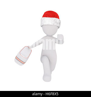 Isolierte 3D gerendert Figur im Urlaub Weihnachtsmütze läuft mit Einkaufstasche oder Geldbeutel in der hand Stockfoto
