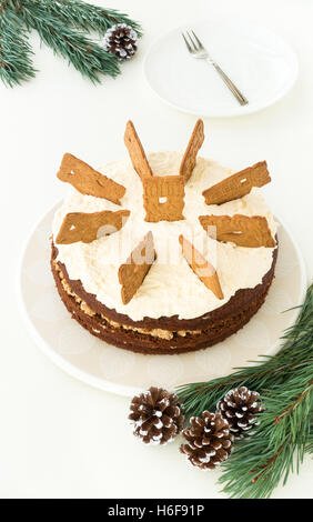 Ganzen Lebkuchen Kuchen (Spekulatius-Torte) und Zweige von Tanne Stockfoto