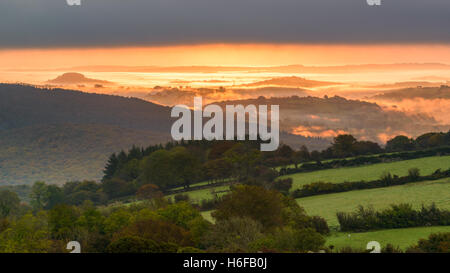 Morgenhimmel und Nebel über Holne Chase von Mel Tor, Dartmoor, UK Stockfoto