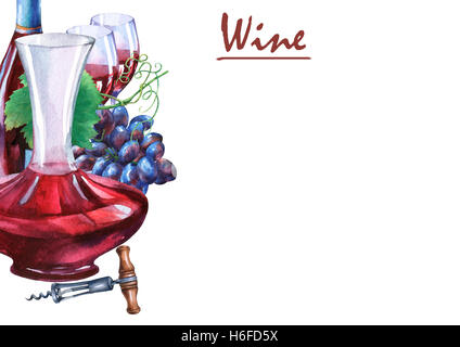 Anordnung mit Haufen von frischen Trauben, Korkenzieher, Dekanter und Gläser Rotwein. Stockfoto