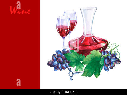 Anordnung mit Haufen von frischen Trauben, Korkenzieher, Dekanter und Gläser Rotwein. Handgezeichnete Aquarellmalerei auf weiß ba Stockfoto