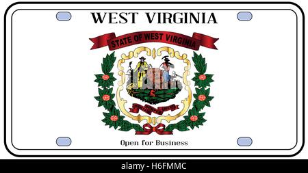 Nummernschild West Virginia in den Farben der Staatsflagge mit Flaggen-Icons auf einem weißen Hintergrund Stock Vektor