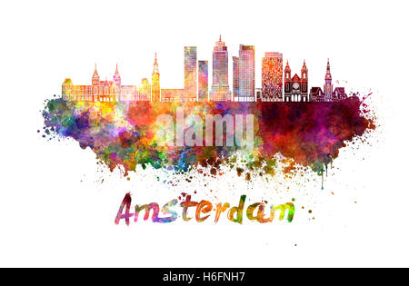 Skyline von Amsterdam in Aquarell Spritzer mit Beschneidungspfad Stockfoto