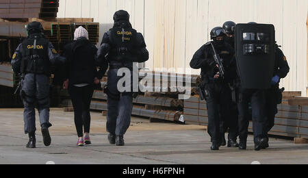 Mitglieder des Garda Emergency Response Unit und regionalen bewaffnet Support-Einheiten nehmen Teil in einem großen Notfalltraining Übung in Drogheda Port in Co Louth. Stockfoto