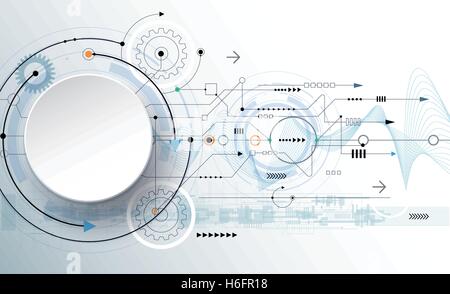 Vektor-Illustration Zahnrad, Wellenlinien und Platine, Hi-Tech digitale Technologie und Ingenieurwesen digital Telecom Techno Stock Vektor