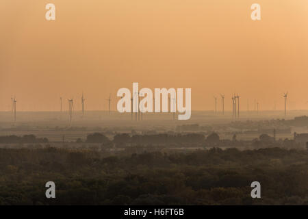 Windmühle-Park in der Natur, erneuerbare Energie-Park bei Sonnenuntergang Stockfoto