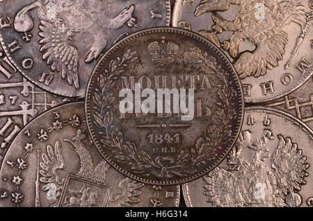 Vintage-Hintergrund Münze Silber Rubel Russland 1841 Mint St.Petersburg Stockfoto