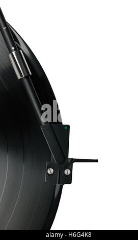 Tonarm auf Vinyl LP und schwarzgrüner Pünktchenkopf, isolierter HiFi-Plattenspieler Tonarm, große vertikale Makroaufnahmetexte Stockfoto